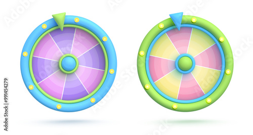 Set vector 3d icon, blue aand green, isolated on white background. Game icon. Wheel of fortune, roulette. Vector illustration for postcard, icons, poster, banner, web, design, arts photo