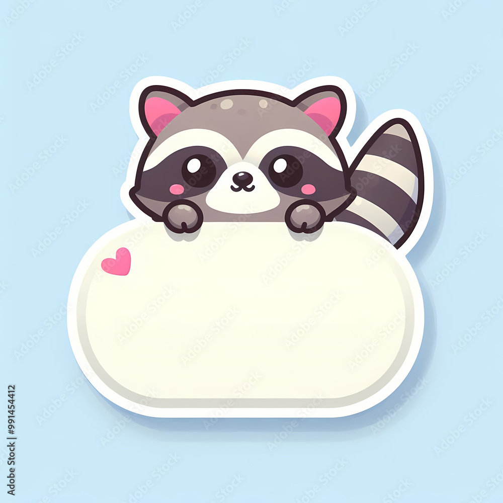 Cute raccoon supporting an empty note sticker on a light blue background, perfect for framing or writing notes Cute raccoon supporting an empty note sticker on a light blue background, perfect for framing or writing notes