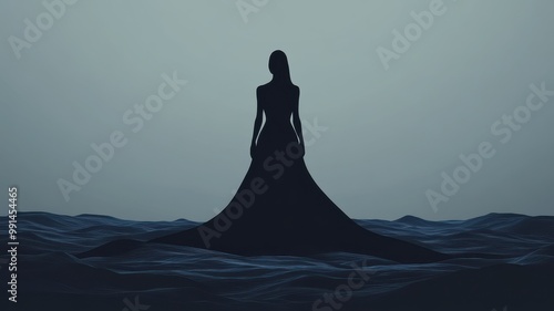 A mysterious silhouette of a woman in a flowing dress standing in dark water, creating an ethereal and captivating atmosphere.