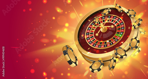 Golden poker chips, tokens with gold casino roulette wheel on red background with glitter, lightning. Vector illustration for casino, game design, advertising