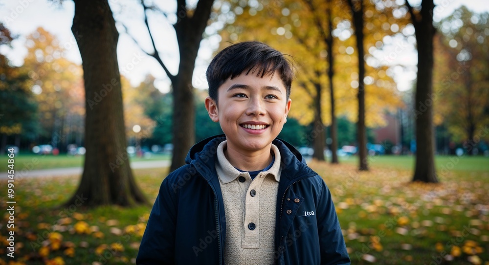 Smiling young Asian boy wearing a jacket in a park during autumn Smiling young Asian boy wearing a jacket in a park during autumn