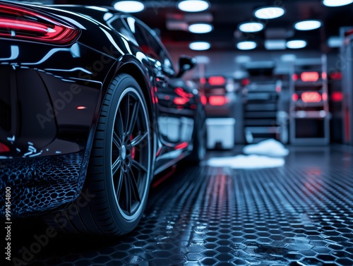 Sleek black sports car in a modern garage with red and blue lighting, emphasizing technology and luxury, shot from a low angle.