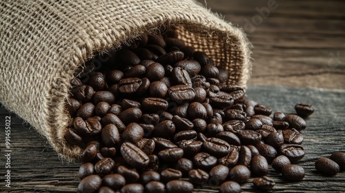 A burlap sack spilling roasted coffee beans onto a rustic wooden surface, emphasizing a natural and earthy aesthetic.