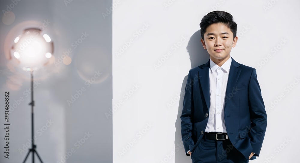 Young Asian boy in a stylish suit posing confidently against a bright white background
