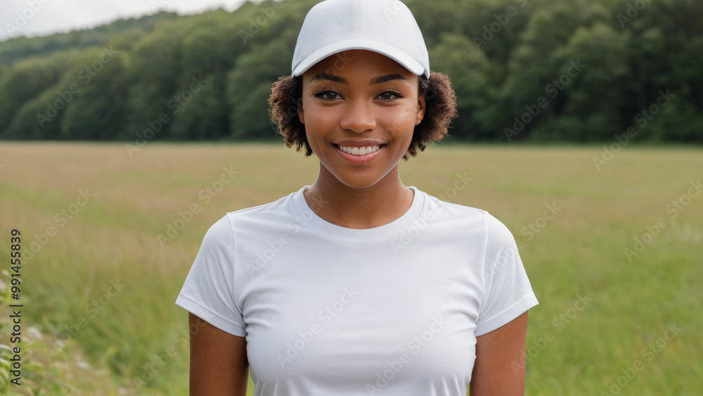 Young black woman with short hair wearing white t-shirt and white baseball cap standing in nature Young black woman with short hair wearing white t-shirt and white baseball cap standing in nature