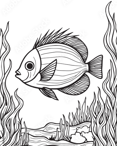 A yellowbar angelfish moving in ocean underwater. Vector art coloring page