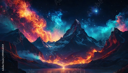 breathtaking view of iceberg with flames from the volcano eruption showing beautiful colorful gradations at night