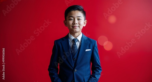 Young Asian boy in a wellfitted blazer posing proudly against a vibrant red background photo