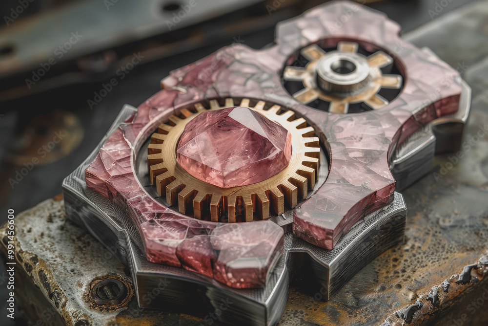 Metal gears interlock to form a flexible pink mechanism. It represents camaraderie. Metal gears interlock to form a flexible pink mechanism. It represents camaraderie.