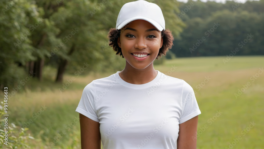 Young black woman with short hair wearing white t-shirt and white baseball cap standing in nature Young black woman with short hair wearing white t-shirt and white baseball cap standing in nature