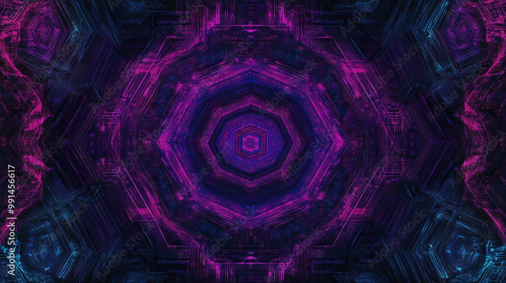 Abstract dark background with pink and blue neon lines forming a hexagonal pattern, resembling a digital tunnel. Abstract dark background with pink and blue neon lines forming a hexagonal pattern, resembling a digital tunnel.