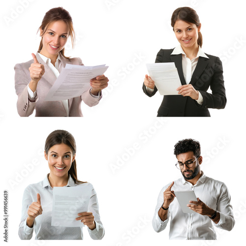 A PR specialist pointing at a press release document, with a friendly and persuasive expression. isolated on transparency background photo