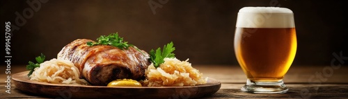 A delicious plate of roasted meat garnished with herbs, accompanied by sauerkraut and a frothy beer in a glass.