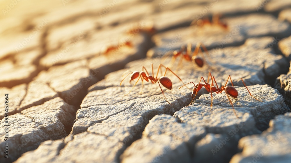 Fototapeta premium Ants crawling across a cracked, dry surface with ample space in the background for text. -