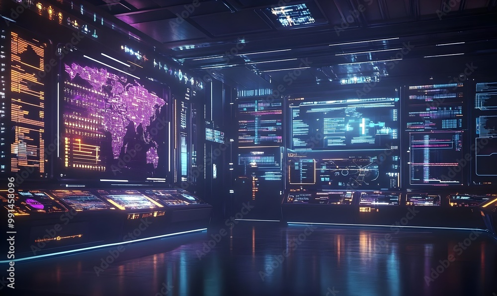 Futuristic Control Room with Multiple Screens Futuristic Control Room with Multiple Screens