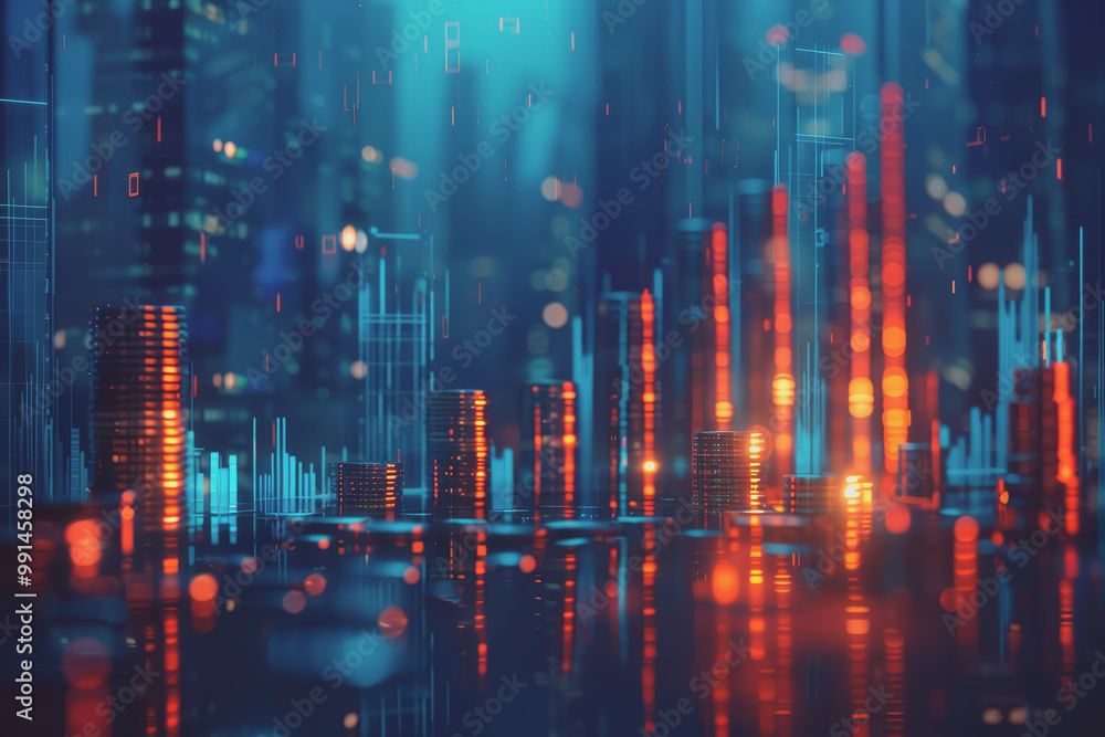 Blue financial graphs and charts with coins show business growth and investment market profits. Blue financial graphs and charts with coins show business growth and investment market profits.