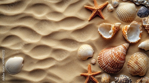 Top view of a sandy beach texture with imprints of exotic seashells and starfish as natural textured background : Generative AI photo