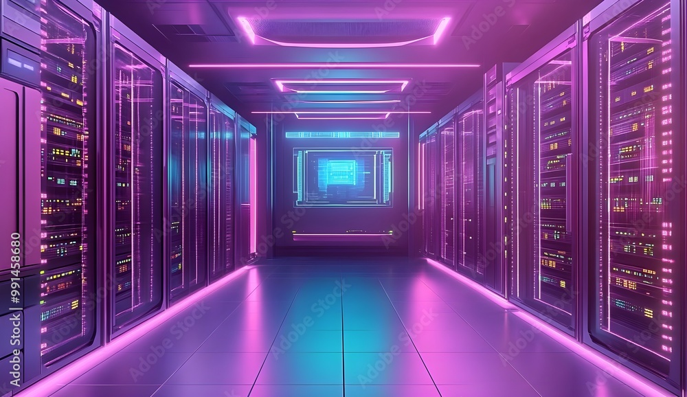 Futuristic Data Center with Neon Glowing Lights Futuristic Data Center with Neon Glowing Lights