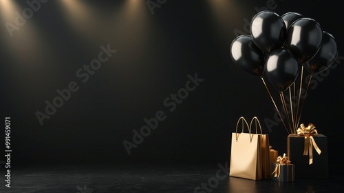 Holiday shopping spree setting with shiny black balloons, goldribboned presents photo