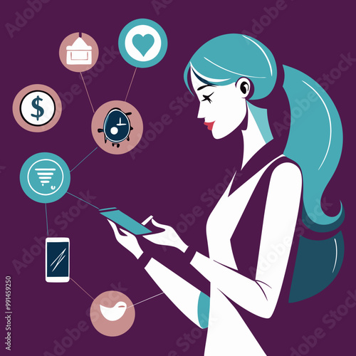 A set of images showing the Use of mobile apps for shopping, transferring money, saving time, paying bills, etc