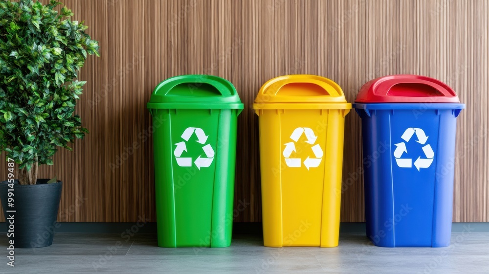 Three colorful recycling bins are lined up next to a plant, AI Three colorful recycling bins are lined up next to a plant, AI