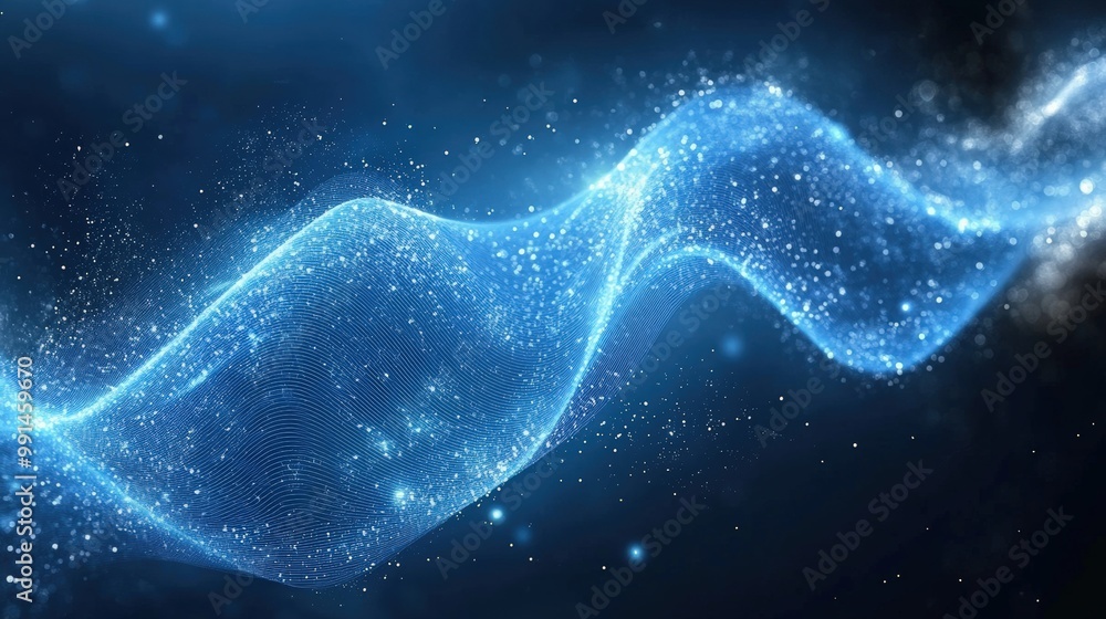 A captivating wave of blue light and sparkling particles, creating a sense of movement and tranquility in a cosmic space. A captivating wave of blue light and sparkling particles, creating a sense of movement and tranquility in a cosmic space.