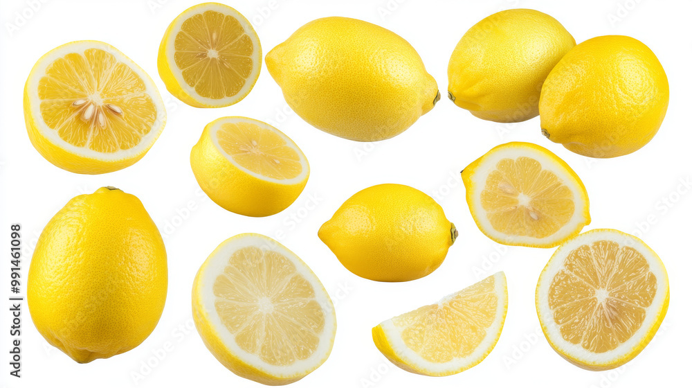 Bright yellow lemons, some whole, some sliced in half, are shown from different angles against a white background. These images are perfect for creating artwork or graphic designs. Bright yellow lemons, some whole, some sliced in half, are shown from different angles against a white background. These images are perfect for creating artwork or graphic designs.
