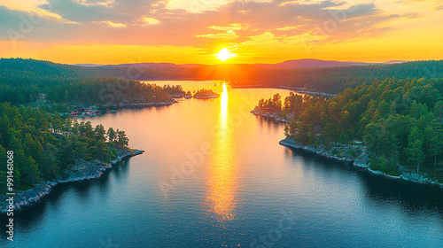 Scandinavian summer, small islands with forests on lake at sunset