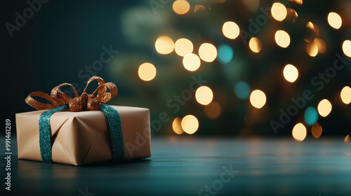 beautifully wrapped gift sits on table, adorned with sparkling ribbon, creating festive atmosphere. soft glow of Christmas lights in background enhances holiday spirit