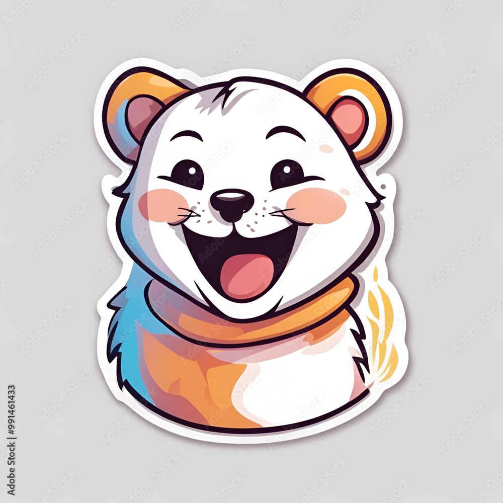 A cute cartoon bear with a big smile, wearing a cozy scarf. The cheerful, playful character exudes happiness, perfect for stickers or children's products. A cute cartoon bear with a big smile, wearing a cozy scarf. The cheerful, playful character exudes happiness, perfect for stickers or children's products.