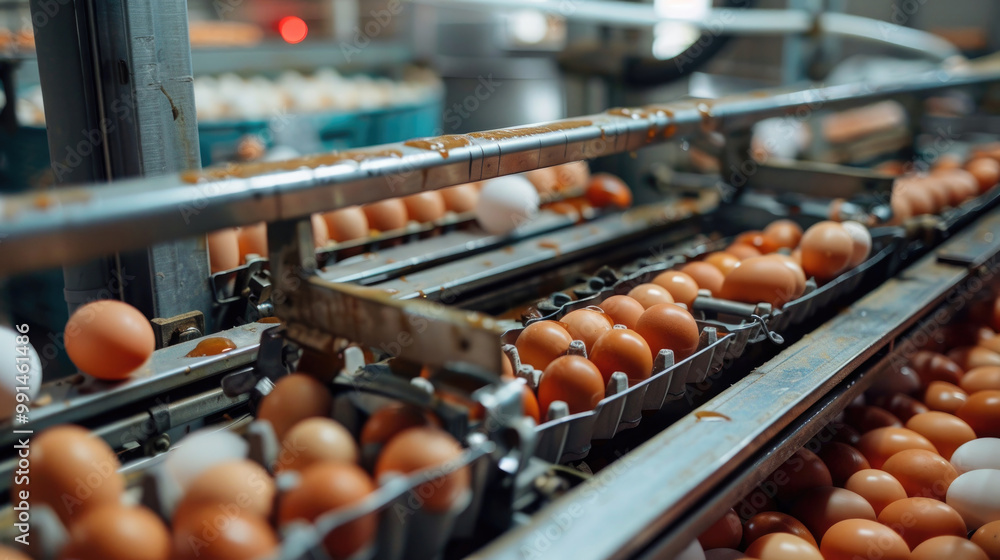 Automated Egg Processing Line in Modern Factory with Conveyor Belts and Fresh Eggs Automated Egg Processing Line in Modern Factory with Conveyor Belts and Fresh Eggs
