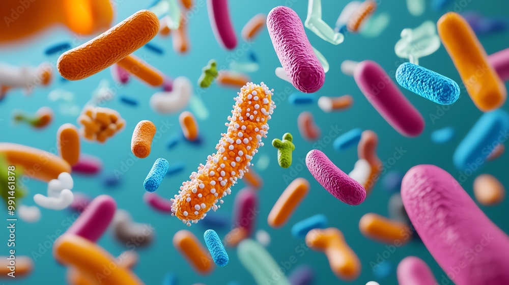 Colorful microscopic view of various bacteria, showcasing their unique shapes and vibrant hues in a scientific background. Colorful microscopic view of various bacteria, showcasing their unique shapes and vibrant hues in a scientific background.