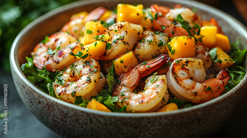 Surreal Symphony of Flavors: A Visual Feast of Shrimp, Mango, and Greens