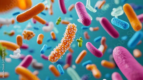 Colorful microscopic view of various bacteria, showcasing their unique shapes and vibrant hues in a scientific background.