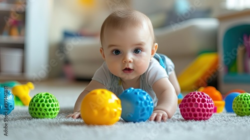 Baby playing with colorful toys on a clean floor, leaving plenty of room for text to the side.