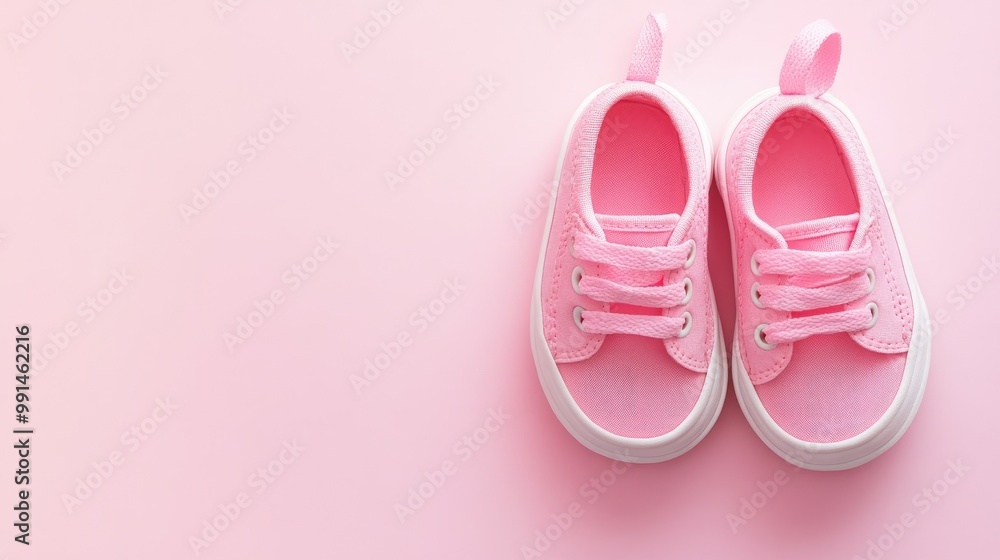 Baby shoes on a soft pastel background, leaving ample space above for text. Baby shoes on a soft pastel background, leaving ample space above for text.