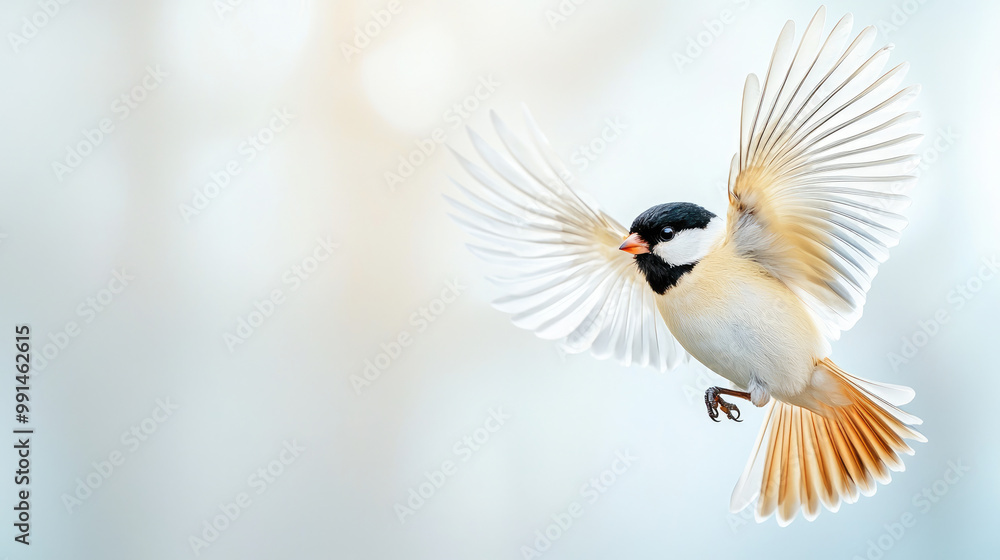 Obraz premium A stunning close-up of a bird soaring gracefully in mid-flight against a pale sky, showcasing the elegance of its wings and providing ample copy space for creative use.