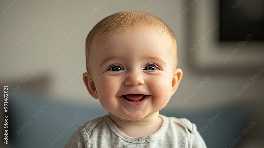 Baby smiling at the camera with a blank wall behind them, leaving space for copy. Baby smiling at the camera with a blank wall behind them, leaving space for copy.