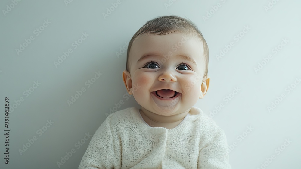 Baby smiling at the camera with a blank wall behind them, leaving space for copy. Baby smiling at the camera with a blank wall behind them, leaving space for copy.