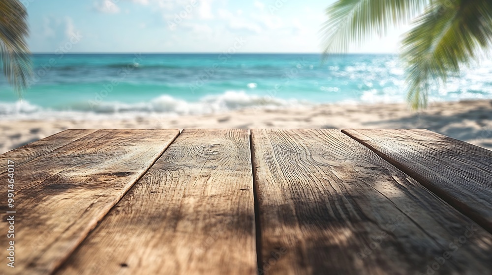 Fototapeta premium Empty rustic wooden table on blur background of beautiful beach for mockup summer product display or travel ad Picnic table with customizable space on tabletop for editing Flawless : Generative AI