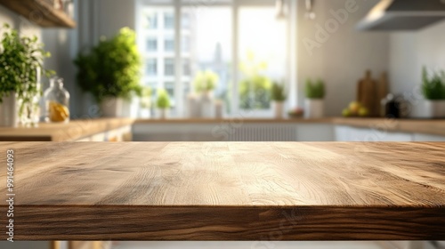 Bright kitchen interior with wooden table and plants, creating a warm and inviting atmosphere perfect for cooking and dining.