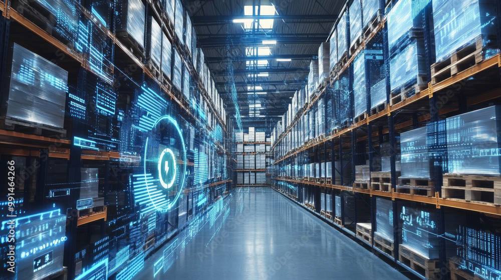 A modern warehouse uses technology to track and visualize the movement of goods. This helps them improve efficiency and delivery in logistics. A modern warehouse uses technology to track and visualize the movement of goods. This helps them improve efficiency and delivery in logistics.
