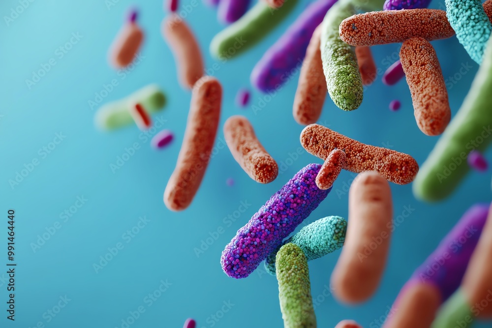 Vibrant and colorful bacteria floating in a dynamic arrangement, showcasing the diversity of microbial life in a microscopic world. Vibrant and colorful bacteria floating in a dynamic arrangement, showcasing the diversity of microbial life in a microscopic world.