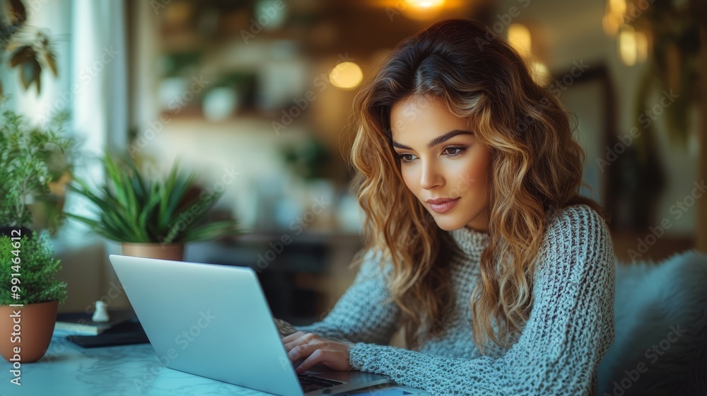 Young woman working on a laptop in a cozy indoor setting Young woman working on a laptop in a cozy indoor setting