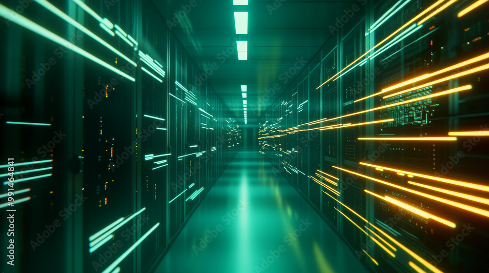The camera moves smoothly through a data center, showing the bright lines of circuit boards on the wall. The camera moves smoothly through a data center, showing the bright lines of circuit boards on the wall.