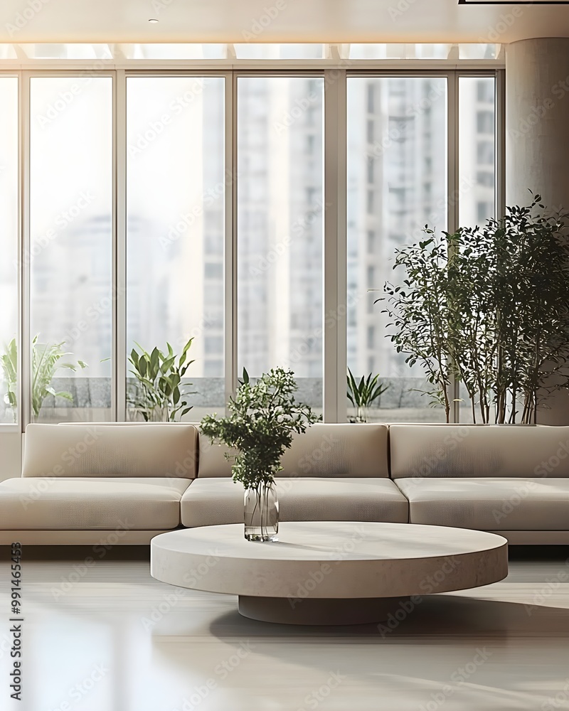 Fototapeta premium Modern Living Room with Large Windows and Neutral Tones