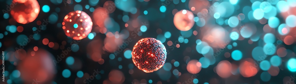 Abstract representation of cells floating in a luminous atmosphere, showcasing vibrant colors and ethereal light effects. Abstract representation of cells floating in a luminous atmosphere, showcasing vibrant colors and ethereal light effects.