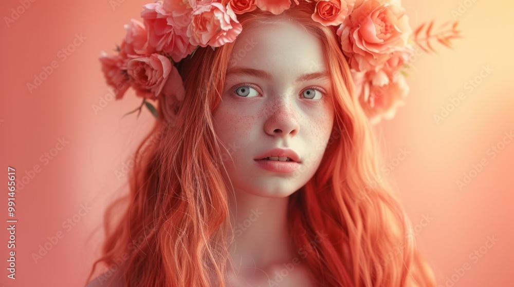 There is a woman adorned with a beautiful wreath of flowers on her head There is a woman adorned with a beautiful wreath of flowers on her head
