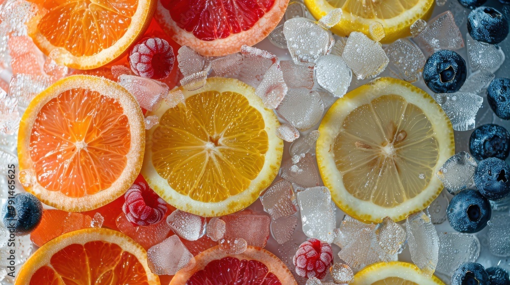 Citrus Burst on Ice: Refreshing image of vibrant citrus fruit slices – oranges, lemons, grapefruits – nestled amongst ice cubes and juicy raspberries and blueberries. Citrus Burst on Ice: Refreshing image of vibrant citrus fruit slices – oranges, lemons, grapefruits – nestled amongst ice cubes and juicy raspberries and blueberries.