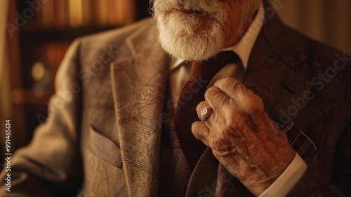 Elderly Man Adjusting Tie in Elegant Suit with Signet Ring